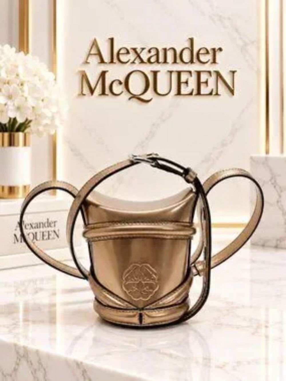Authentic Alexander McQueen Metallic Gold Mini Crossbody Bag Rare Luxury Purse